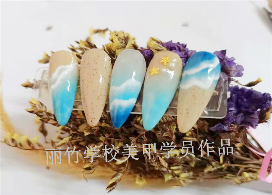 麗竹美甲作品：藍色海洋彩繪美甲