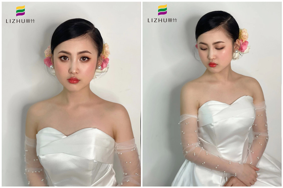 簡約鮮花新娘妝容，廣西化妝學(xué)校新娘妝作品