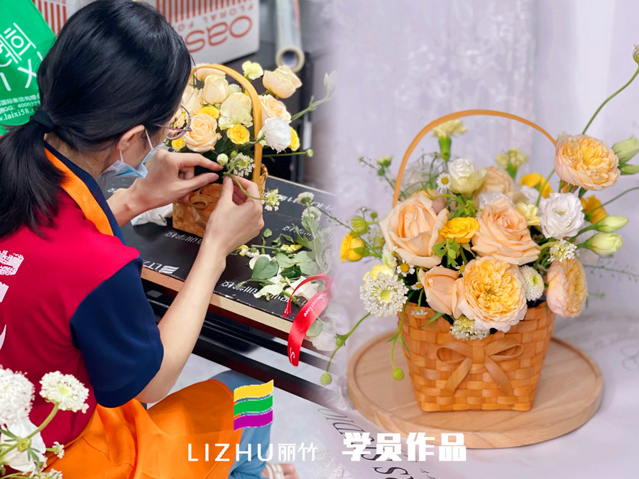 奶油系手提花籃特點(diǎn)，?廣西學(xué)花藝零基礎(chǔ)課程