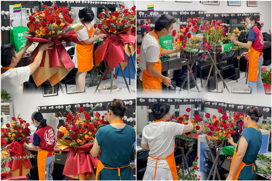 玫瑰開(kāi)業(yè)花籃制作，廣西插花師學(xué)校學(xué)員作品