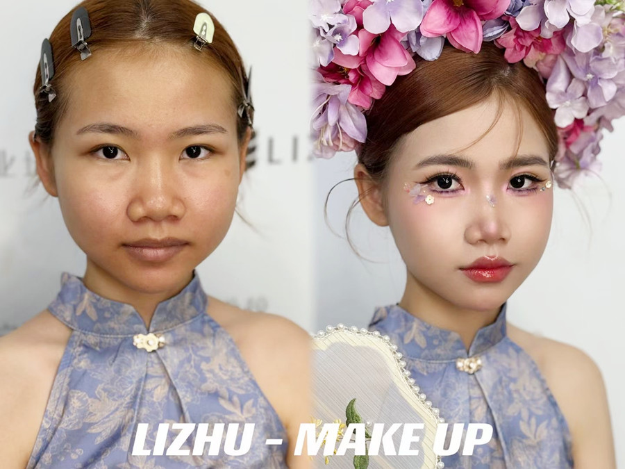 簪花造型課堂實況，廣西美妝課堂作品欣賞