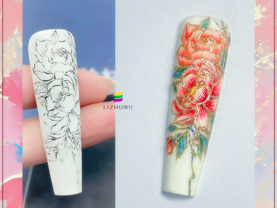 國風(fēng)刺繡牡丹美甲，廣西美甲設(shè)計(jì)學(xué)校作品