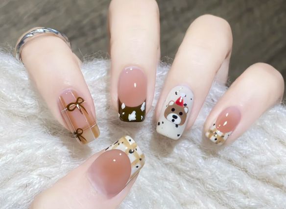 格紋手繪小熊美甲教程，南寧美甲教學(xué)分享