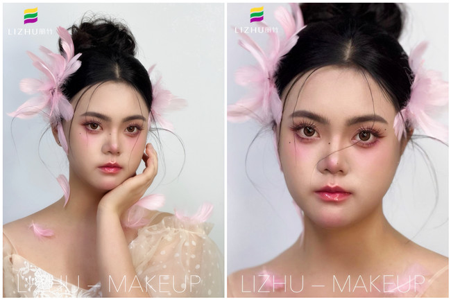 粉色羽毛寫真作品，廣西學化妝操作